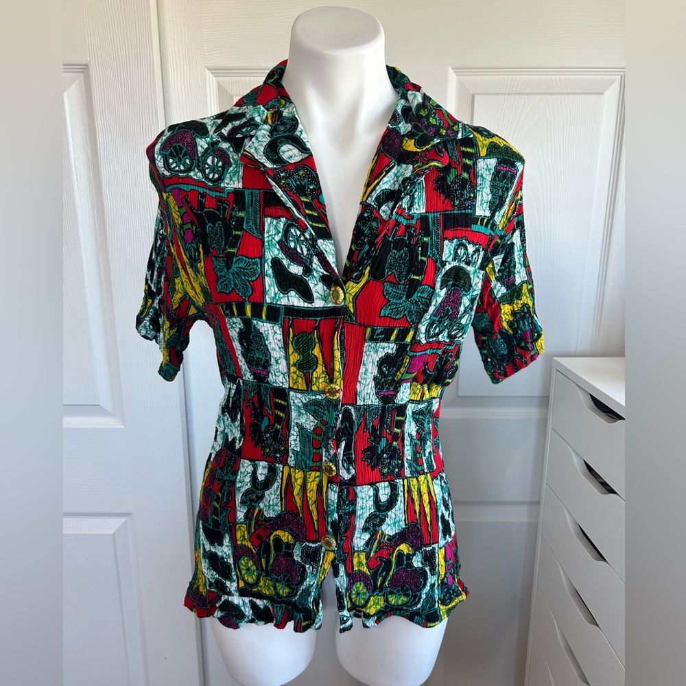 OK SAM Vintage Colorful Abstract Patterned Short Sleeve Button Up Blouse